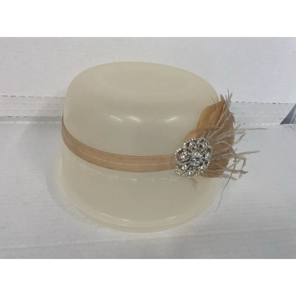 1920s womens head band piece elastic PEACH RHINESTONES costume feathers